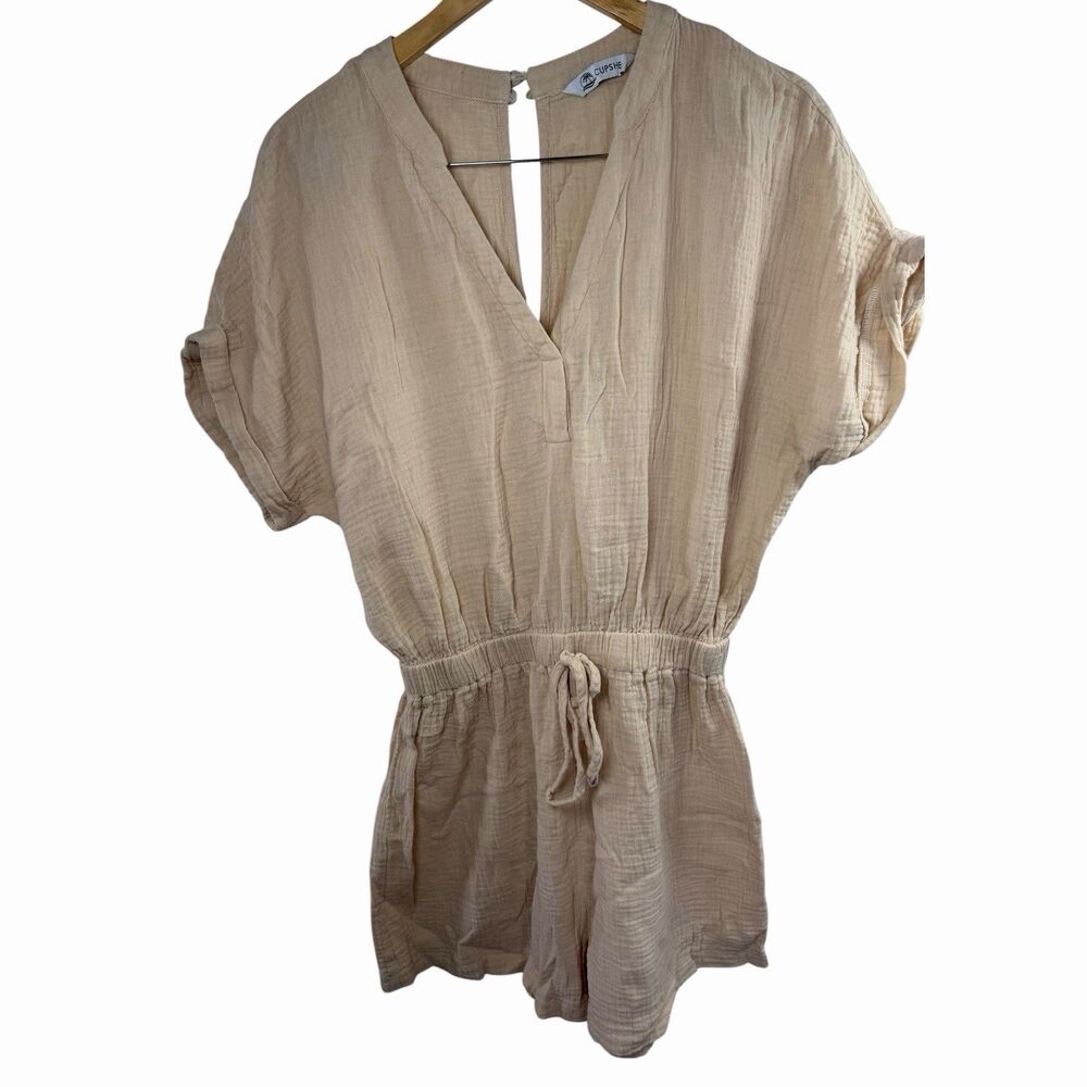 Cupshe Women’s Beige Gauze Romper V-Neck Drawstring Waist Short Sleeve Casual - Picture 7 of 14
